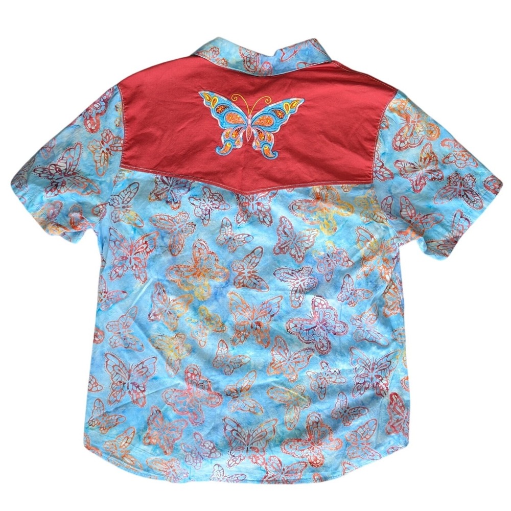 Men's‎ Medium Blue Orange Butterfly Western Style Short Sleeve Button Up Shirt